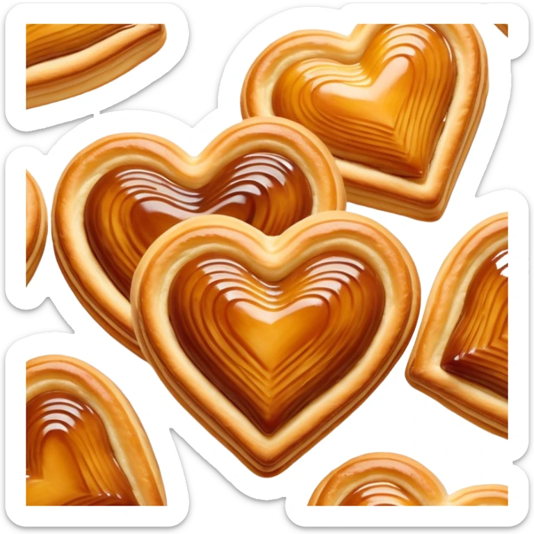Cinematic crisp palmier, golden-brown heart-shaped pastries, perfectly caramelized layers, delicate and flaky, warm glowing background, inviting and delicious. sticker
