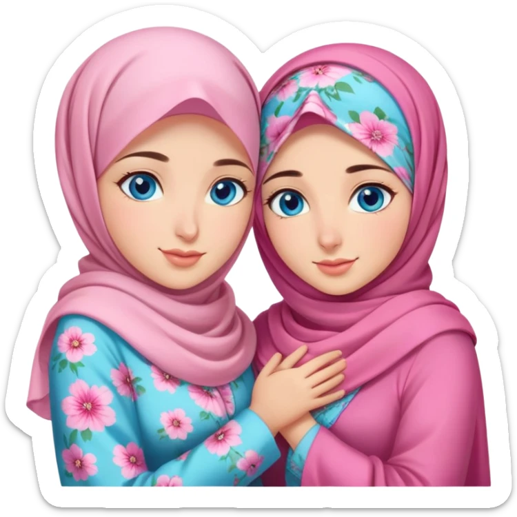 Two best friends Turkish girls beautiful finish Konya blue eyes with pink floral hijab and dress huging  sticker