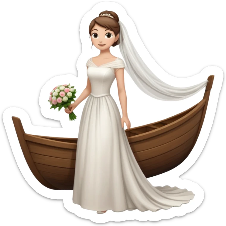 Chica blanca,cuerpo entero, vestido boda cuello barco y , pelo castaño,   1 ramo de flores , pelo recogido en moño alto con velo largocola por la parte de atrás del vestido sticker