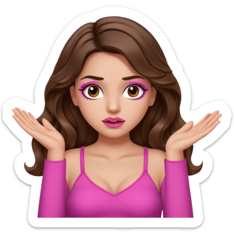 girl with long wavy brown hair, brown eyes, long lashes makeup, sexy pink lips, light to medium complexion, pink sexy top, two hands up, shrugging, confused sticker