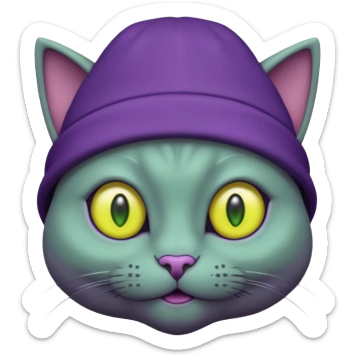 dark purple alien cat with no fur and yellow hat and big green eyes sticker