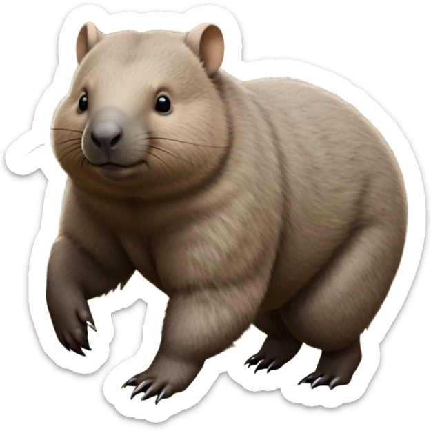 cinematic-stout wombat-realistic-fluffy full-body-waddling-emoji,-stout-muscular-frame-covered-in-coarse-brown-fur,-short-powerful-legs-trotting-determinedly-through-bushland,-round-dark-eyes-filled-with-calm-confidence,-tiny-rounded-ears-twitching-slightly,-strong-digging-claws-visible-on-sturdy-paws,-simplified-yet-realistic-focused-features,-highly-detailed,-glowing-with-a-subtle-earthy-glow sticker
