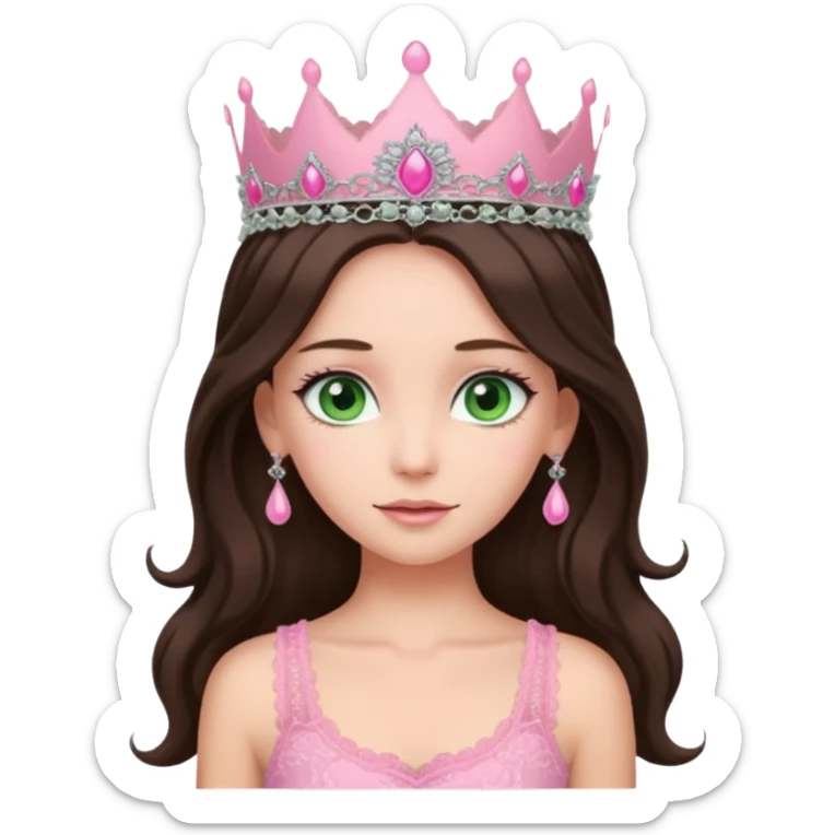 super long haired brunette with middle part cute pink lacy tank with a pink tiara on head, white but with a little bit of tan green eyes  sticker
