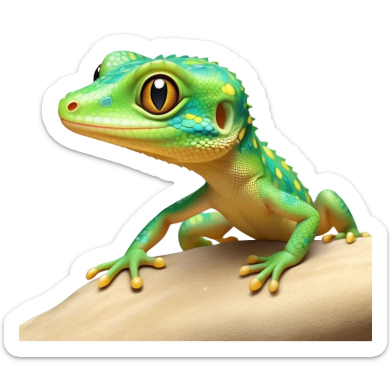 cinematic-cute-realistic gecko-portrait-emoji,-head-tilted-playfully-and-inquisitively,-featuring-a-small,-charming-body-with-smooth,-vividly-patterned-scales,-bright,-sparkling-eyes-and-delicate,-sticky-toe-pads,-simplified-yet-irresistibly-adorable sticker