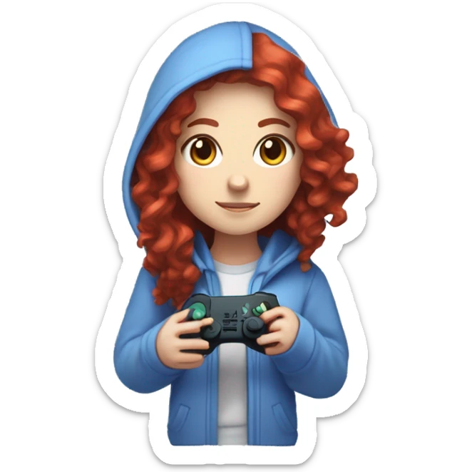 a white girl with long red curly hair, wearing periwinkle Minecraft hoodie holding a controller sticker