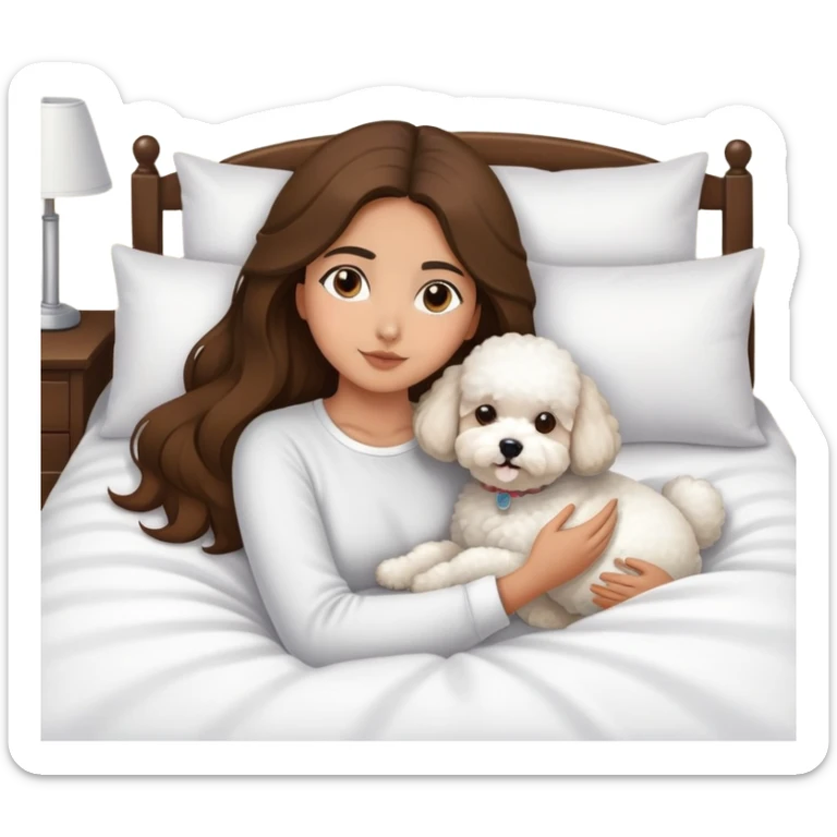 Olive skin girl with long brown hair in bed with 3 white bichon frise's sticker
