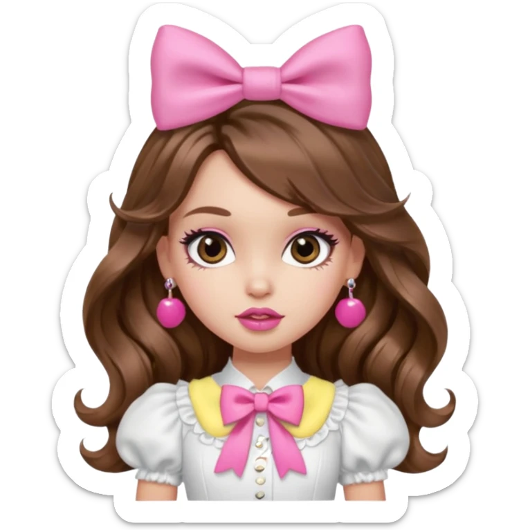 generate a pretty bratz girl in a white puff sleeve top. Pink lipgloss. Brown wavy hair long. Bow pink earrings sticker