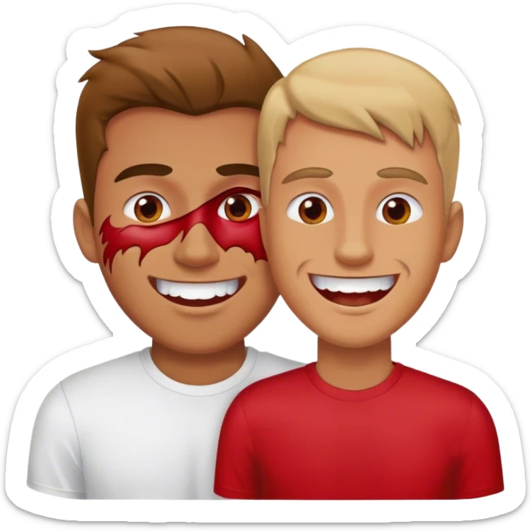 A man comes out of the eye of a man who has red skin and a wide smile with long teeth sticker