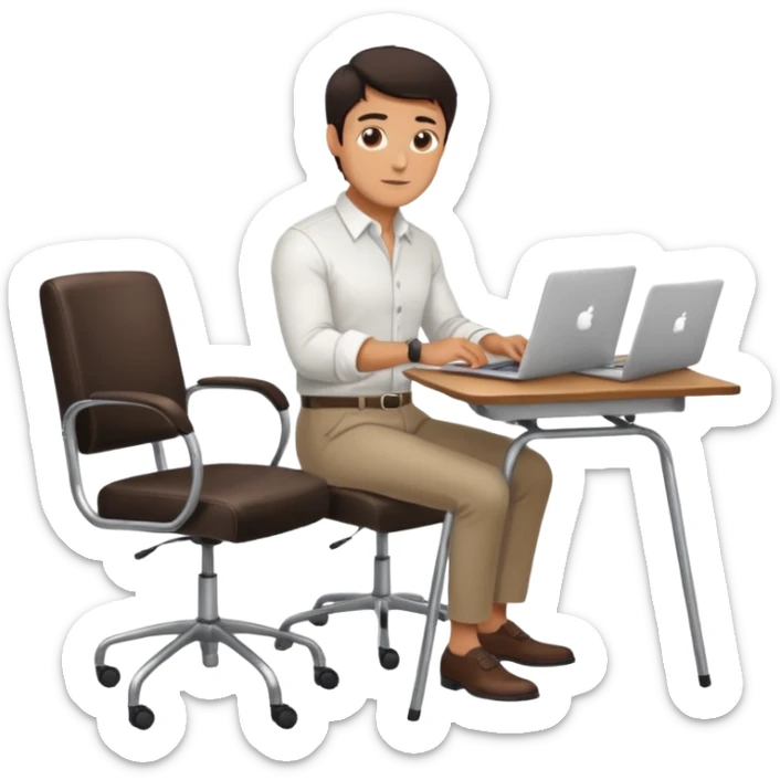 Rich man working on a chair at office in shirt, dark hair, and near the desk with laptop he is german very beautiful looks like, full body view sticker