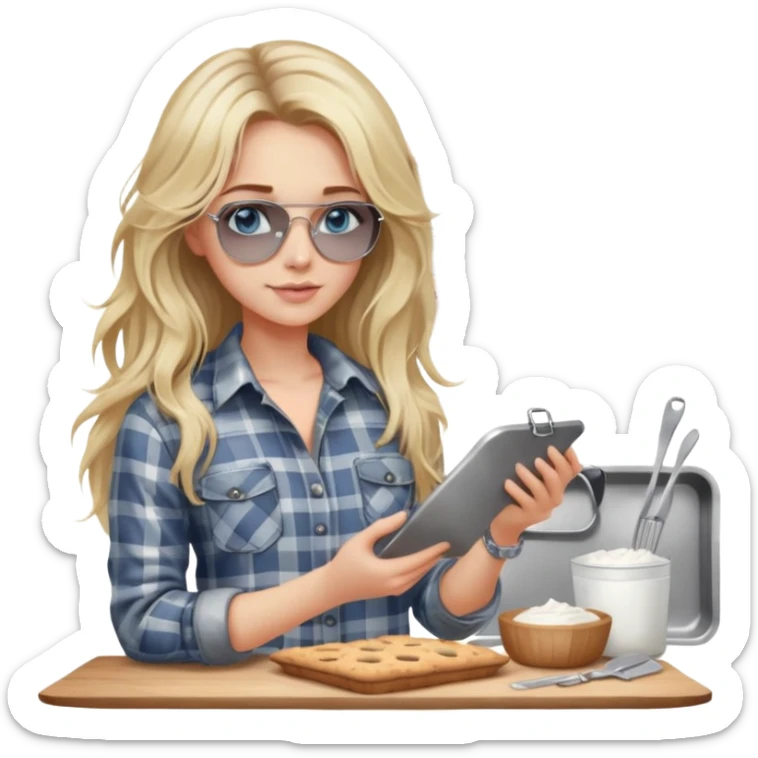girl with long blond messy hair wearing grey plaid shirt with blue eyes and aviator sunglasses wearing a ring on her silver necklace, holding baking supplies sticker