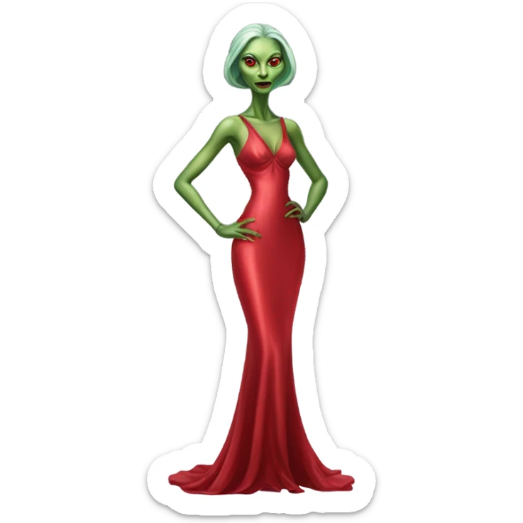 reptilian green alien woman, in long slim pastel red formal party satin dress with gradient shiny sparkling dark red, full figure, full body sticker