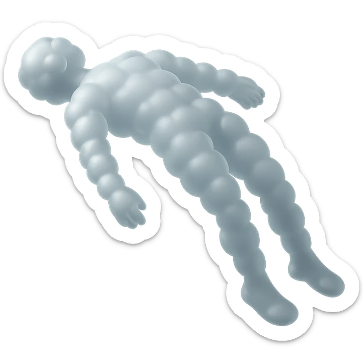 side view of unconscious person flying upwards by torso, legs and arms downwards, made of small very bright white fluffy convex clouds, matte glass style sticker