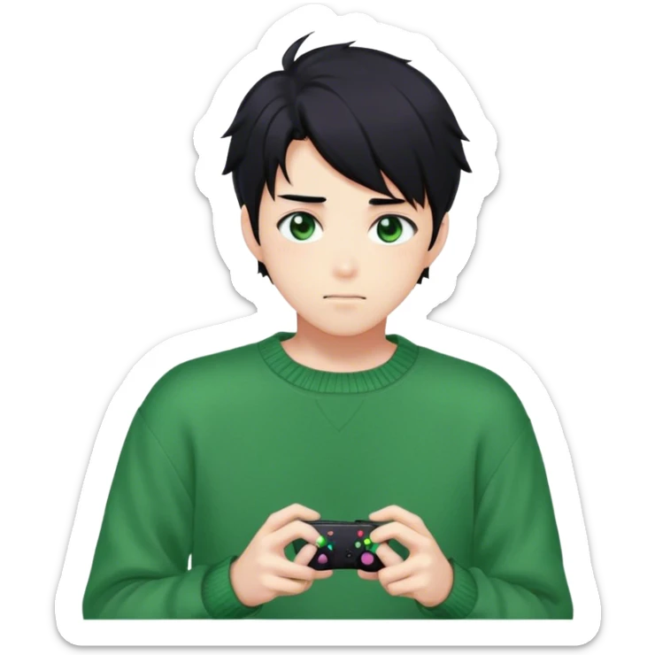 Gorgeous green sweater black hair anime style shojo guy with blushing face and gamer, aesthetic, trending style outside  sticker
