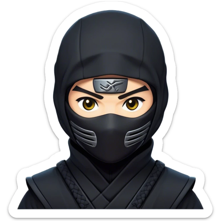 Clash of Clans aesthetic friendly Ninja Portrait Emoji, With a sleek, agile build clad in dark, stealthy attire and a determined gaze beneath a subtle mask, his face rendered in a natural skin tone (not yellow), Simplified yet sharply defined features, highly detailed, glowing with a cool, shadowy radiance, high shine, intelligent and stealthy, stylized with an air of ancient martial prowess, focused and alert, soft glowing outline, capturing the essence of a confident ninja ready to vanish into the shadows with effortless grace! sticker