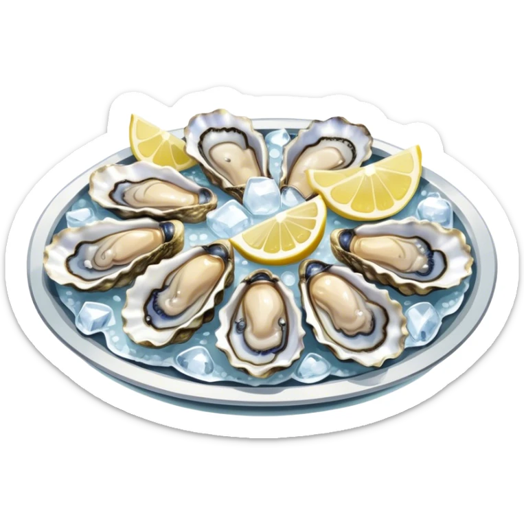 Cinematic fresh oysters on the half-shell, glistening with seawater, served with lemon wedges and ice, soft glowing highlights, elegant and luxurious. sticker