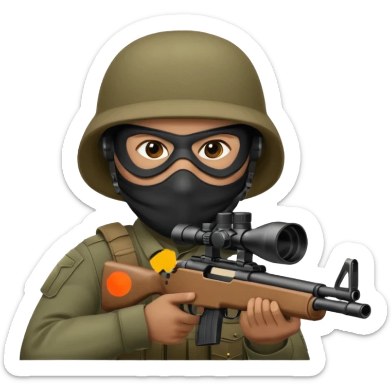 Close-up of a masked army soldier looking through the crosshair of his rifle  as seen from the side as he takes aim sticker