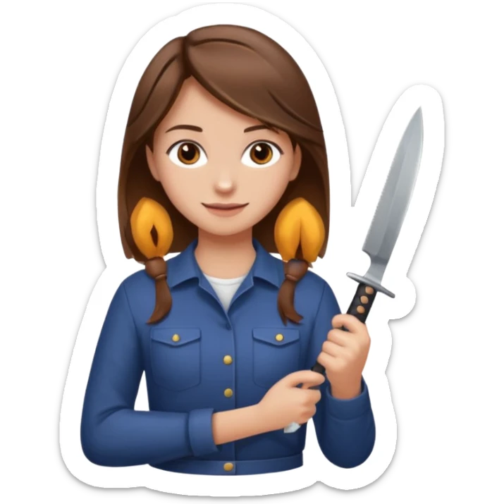 A girl whit brown hair, brown eyes a lite smile and in her back she has in her hand a knife  sticker