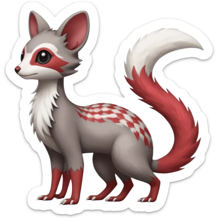 Minccino-Mongoose-Lykoi-Emolga-Pachirisu-Zangoose-fusion-hybrid-animal-Fakémon-creature, full body, thin long sleek scaly tail, intricate markings sticker