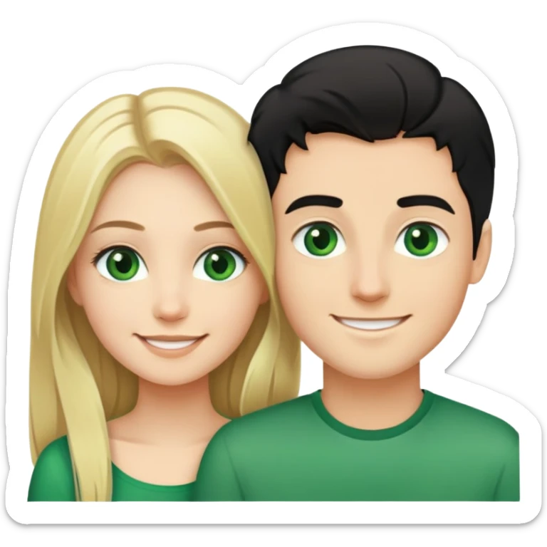 Smiling couple of blonde girl with long hair green eyes and boy with short black hair and green eyes sticker