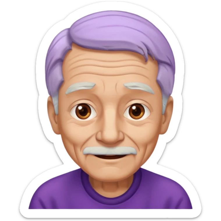 Abuelo hombre con ropa morada, ojos cafés, muchas arrugas, aspecto feliz, el pelo debe ser blanco no morado. sticker