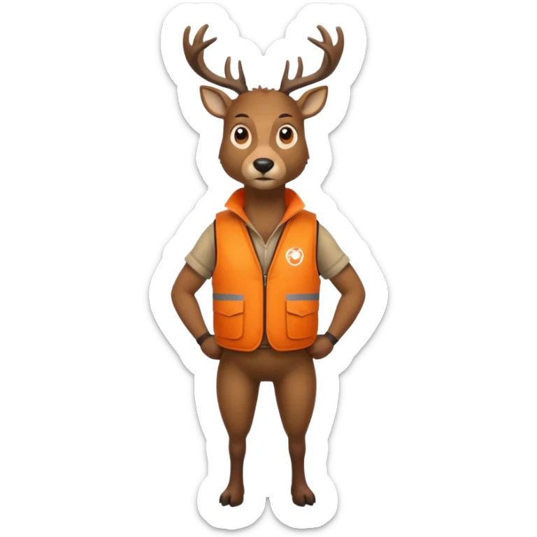 crea un venado de cuerpo completo que lleve un chaleco color naranja y que el chaleco lleve en el lado izquierdo el nombre de (telamon), hazlo mas rudo sticker