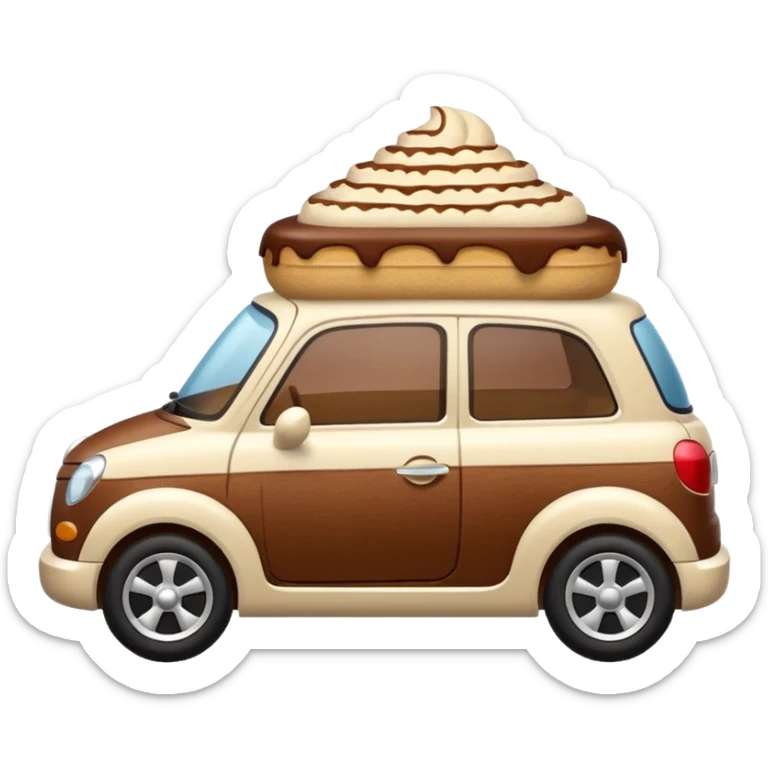 A cute small car, emoji style, side view, adorable tiramisu car, dusting of cocoa, creamy texture, dessert-inspired sticker
