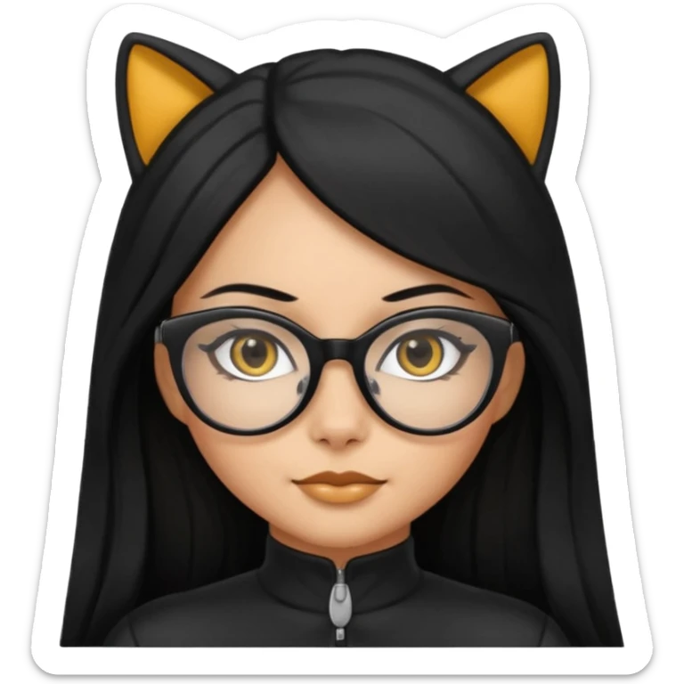 Hispanic woman with long silky hair and glasses in a cat suit sticker