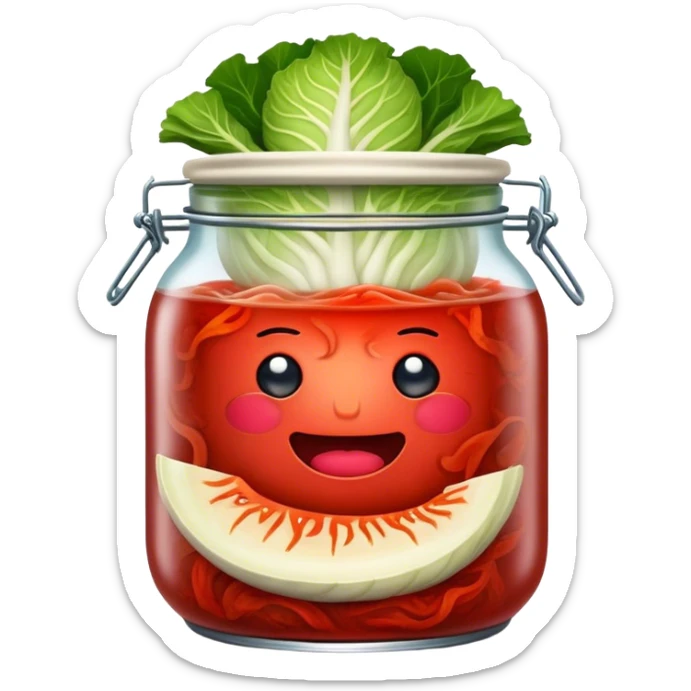 shopped Kimchi Cinematic Realistic Kimchi Dish Emoji, depicted as spicy, fermented cabbage with vibrant red hues neatly served in a traditional jar, rendered with dynamic textures and bold, appetizing lighting. sticker