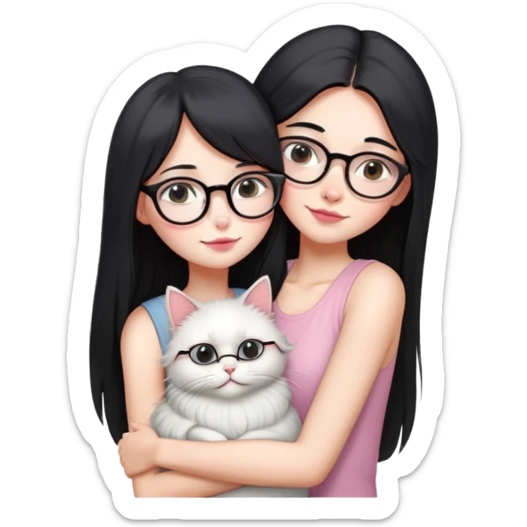 Skinny woman with oval glasses, long straight black hair, pink cheek blush, wearing white sleeveless top, hugging a grey Persian-Angora cat, plain background sticker