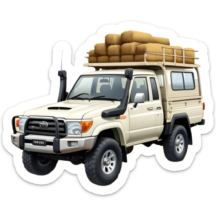 Toyota LandCruiser 70 Series (2021) – Cinematic-realistic Toyota LandCruiser 70 Series ute, its rugged white frame bouncing over rough farm tracks. Dust billows behind as the vehicle powers across dry paddocks, a trusty farm dog perched in the tray, scanning the horizon. sticker