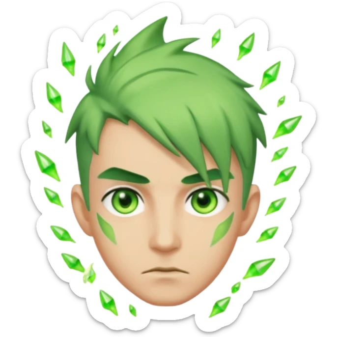 Make an emoji of a 🙎🏼‍♂️with green hair spiking up with a green aura around him sticker