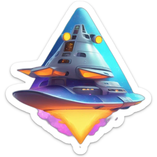 Spaceship in the shape of a triangle-cursor, taking off out of the sky with neon colors. There's fire and smoke coming from underneath the ship sticker