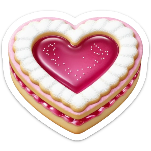 Realistic shortbread cookie in the shape of a heart with pink jelly middle filling and sprinkled powder sugar on top. sticker