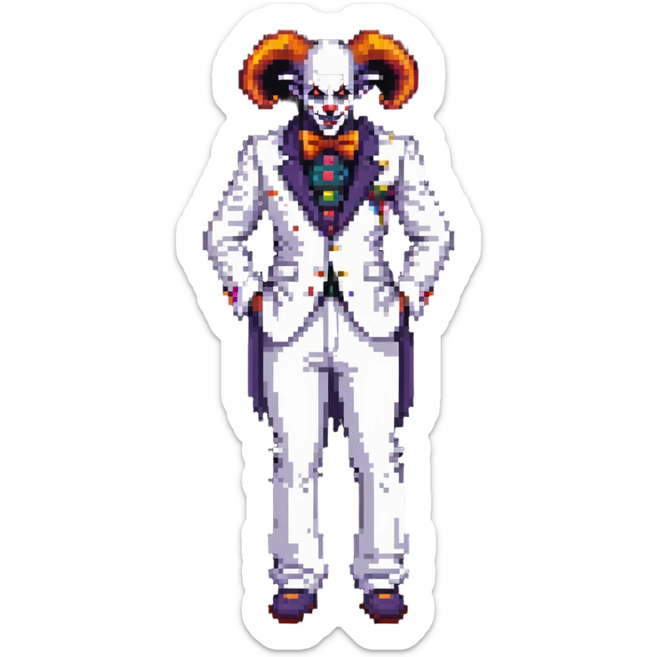 full-body demonic clown in a white leisure suit with bellbottom pants, bald, with black ram horns sticker