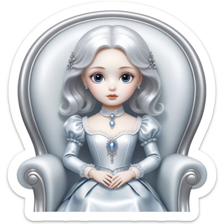 Cinematic and Ultra realistic 32k HD hauntingly beautiful porcelain doll sitting in a chair, Balanced features, highly detailed, glowing with silver light, high shine, remembrance, a painting of white silver, fanciful, enchanting. The image is so lifelike it could leap off the canvas at any moment sticker