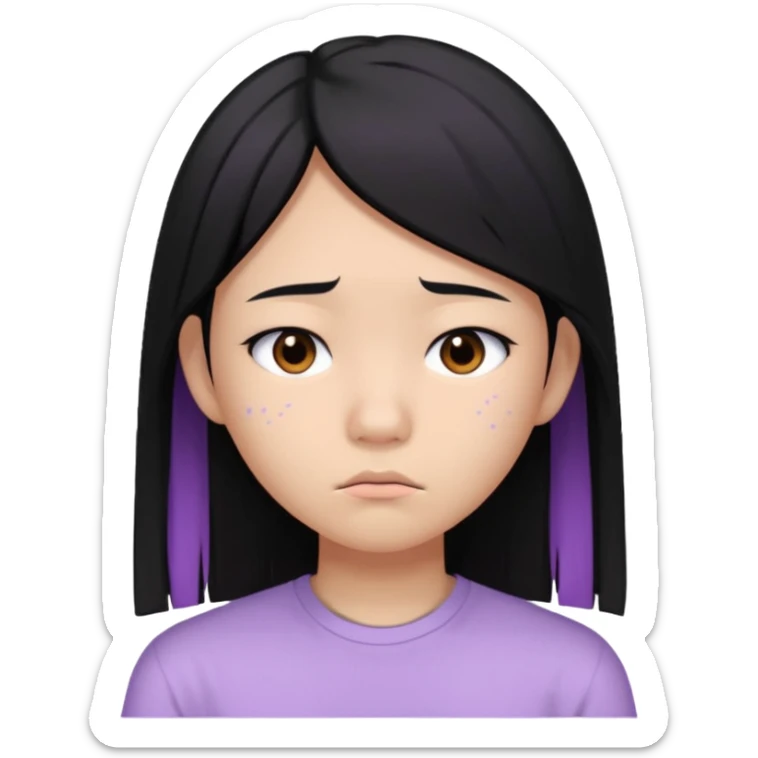 Sad Asian teenager, long straight black hair, lilac bando, white shirt, acne and breakout on cheek sticker