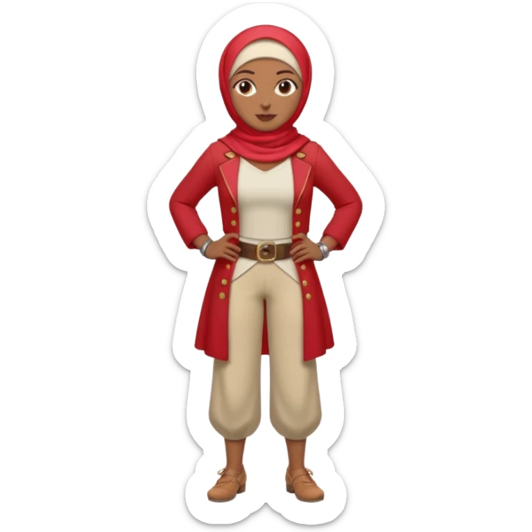 Heavy-set woman with medium-brown skin wearing a light red hijab, cream top, light red pants, tan shoes, and a visible gray pirate peg leg. Standing confidently with one hand on her hip sticker