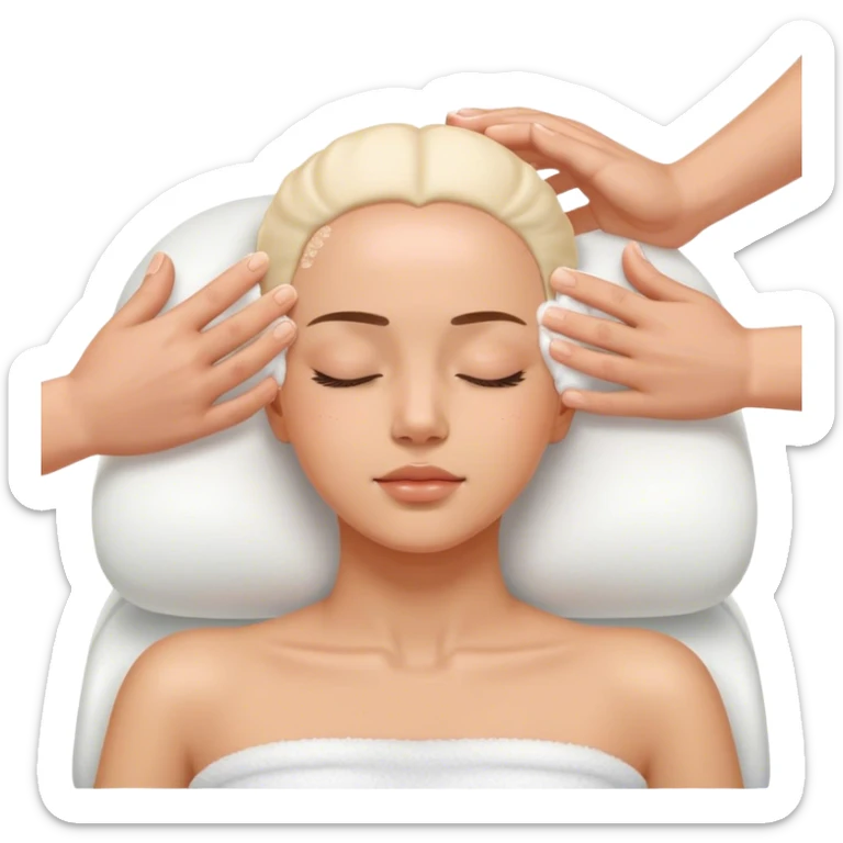 Una persona relajada con los ojos cerrados mientras recibe un masaje en el cuero cabelludo con espuma. Las manos del terapeuta están suavemente aplicando presión sobre su cabeza. sticker