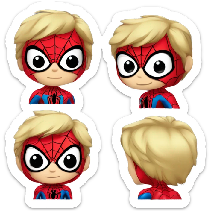 Crea un Spiderman chibi anime. El personaje debe ser pequeño y adorable, con cabeza grande y cuerpo pequeño, y expresiones simples pero llamativas. Debe llevar el traje de Spider-Man, con los clásicos colores. sticker
