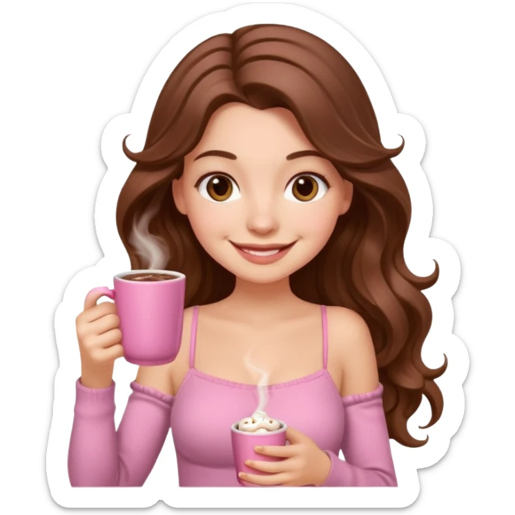 menina branca com cabelos castanhos longos ondulados com xícara rosa na frente com chocolate quente, com blusa de alça fina sticker