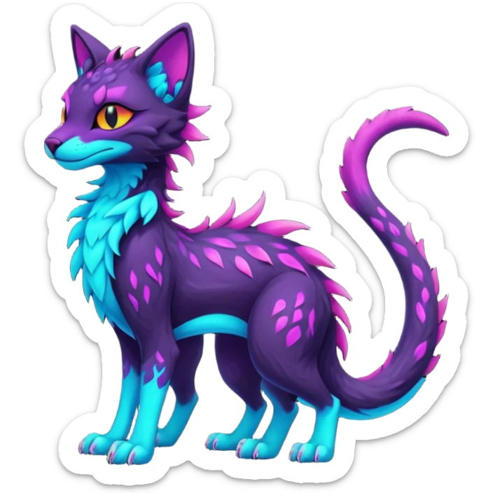Kawaii dark edgy colorful vibrant neon glowing fantasy feline-vernid-sergal-fursona animal creature with a tufted tail full body with intricate markings  sticker
