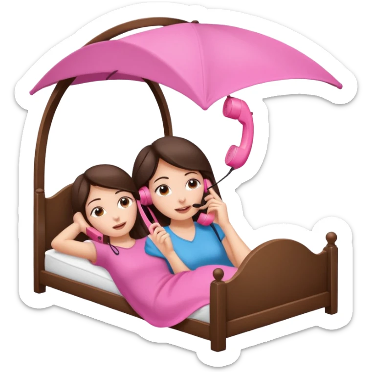 brunette woman laying on a canopy bed, holding a pink telephone to her ear sticker