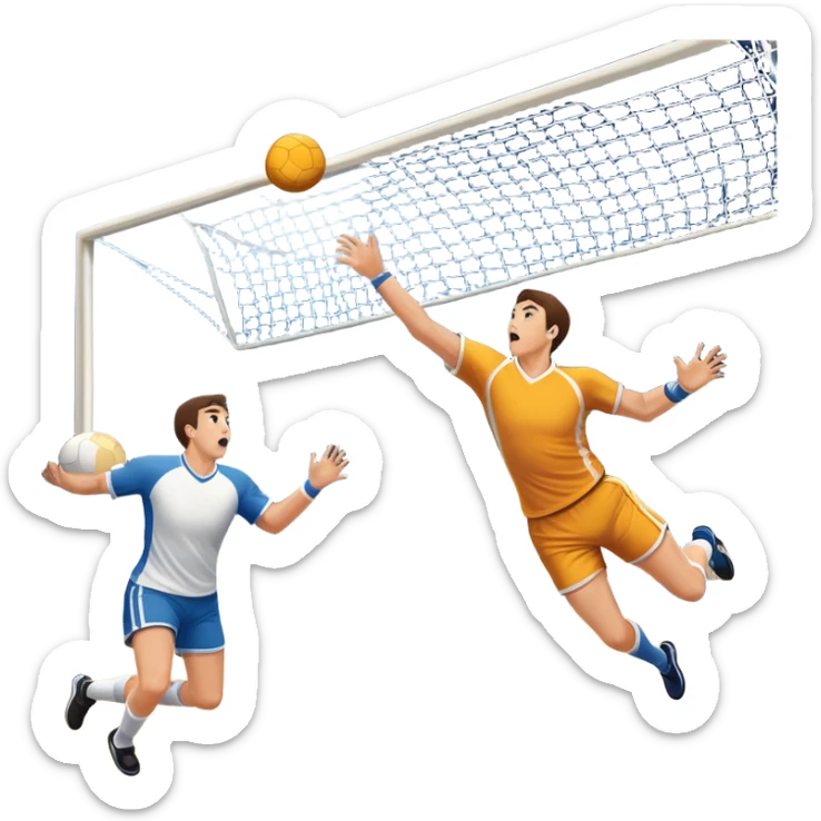 A handball thrown towards the goal, mid-air, with the goalposts and court lines in the background. The scene captures the power and precision of the throw, with the net of the goal in focus, emphasizing the dynamic action of the sport. sticker