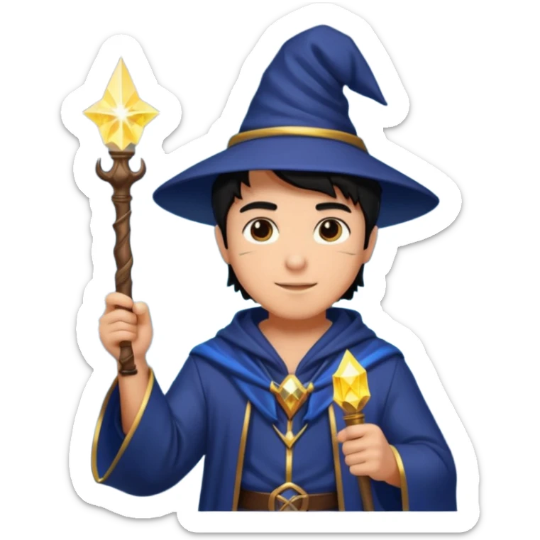 mach mir einen fitness typen in einem zauberer outfit mit schwarzen harren und ein leuchtendem zauberstab sticker