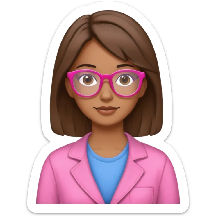 Mujer jóven, profesora de educación, con el pelo castaño suelto, piel morenita, gafas de color rosado y ropa cómoda sticker