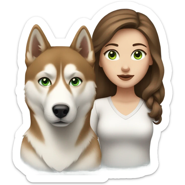 White Woman hair brown and bleus eyes and golden Husky With green eyes sticker