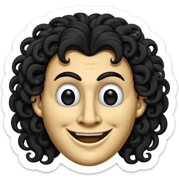 generate theatre wooden mask emoji with a big curly black hair 

wide black coloured smile, long and pointy white nose with no nostrils, pitch black eyes sticker