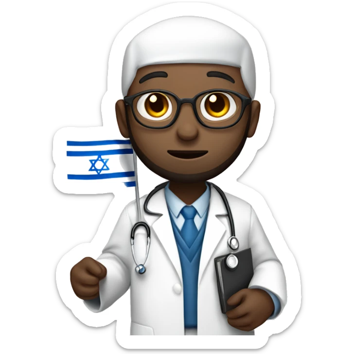 rabbin with Sidelocks holding israel flag in his hands while wearing a doctor white coat with a stethoscope white skin  sticker