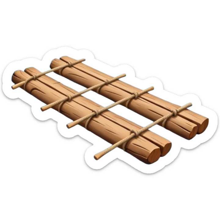 showing a simple wooden raft floating on calm blue water — made of several brown logs tied together with rope — gentle ripples around it — bright, cheerful lighting and soft shadows — minimalist, clean emoji design sticker