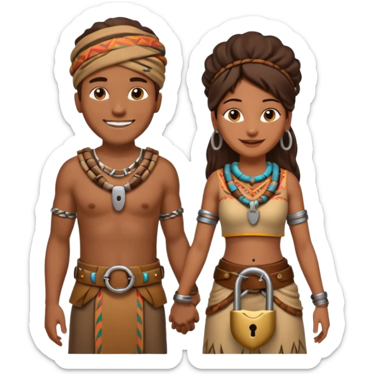 A happy tribal man holding hands with a happy tribal woman wearing a belt with a padlock sticker